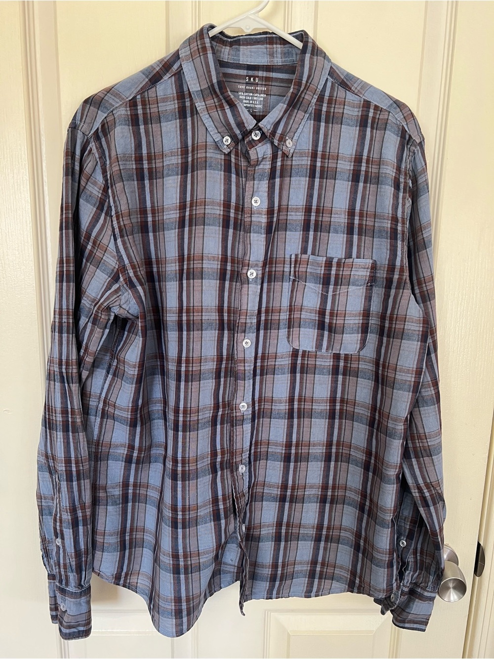 SKU Save Khaki United Men’s Plaid Cotton Linen Shirt Large